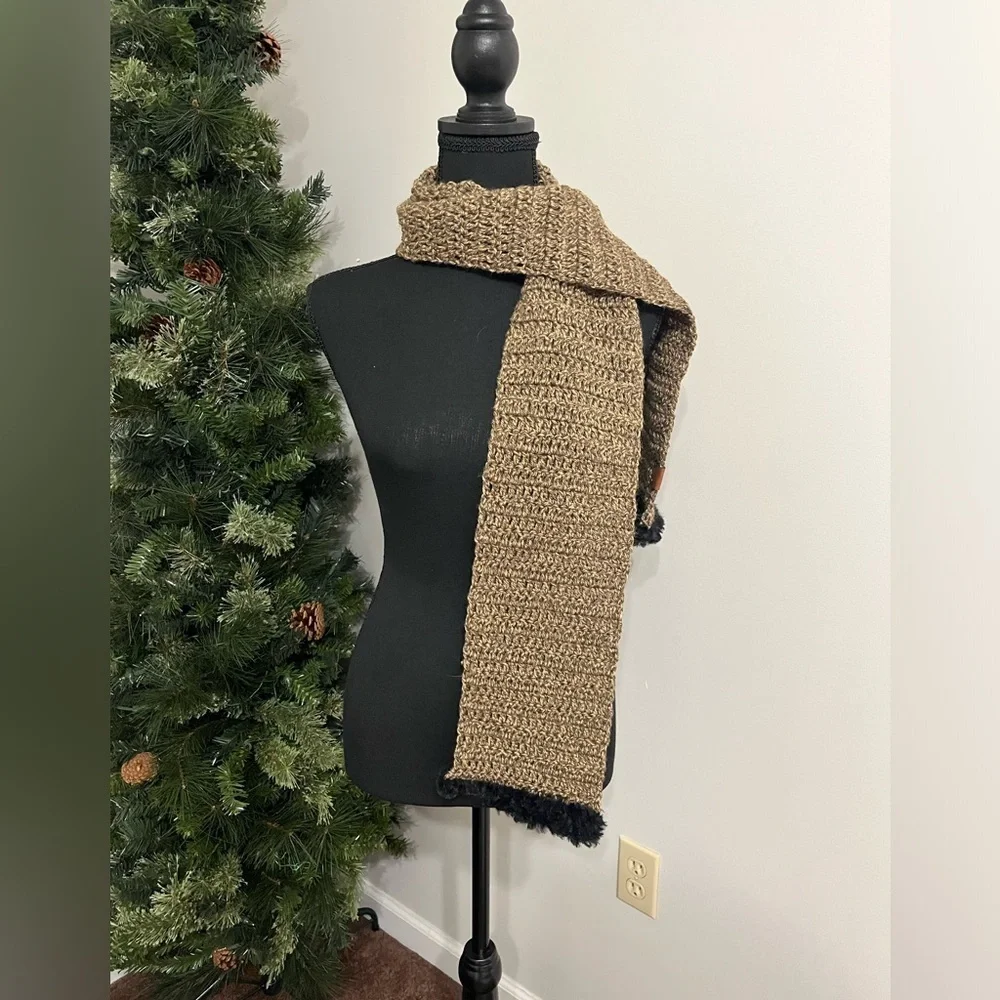 NWT Crochet Brown Scarf with Faux Fur Black Trim, Perfect Winter Wear, Warm Cozy